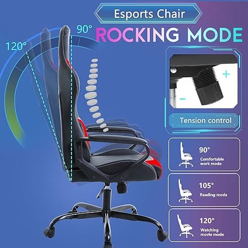 PayLessHere Ergonomic Racing Desk Chair Gaming Chair Computer Chair with Armrests 360° Swivel & Caster Pu Desk Task Chair Executive Headrest Lumbar Support for Back Pain Women Men and Adults (Red) 5