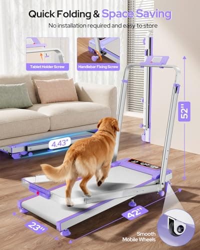 Walking Pad Treadmill with 12% Incline & Adjustable Height, 4 in 1 Walking Pad with Handle Bar, 3.5HP Foldable Under Desk Treadmill, Portable Treadmills for Home 350LBS, APP & Remote Control, Purple 8