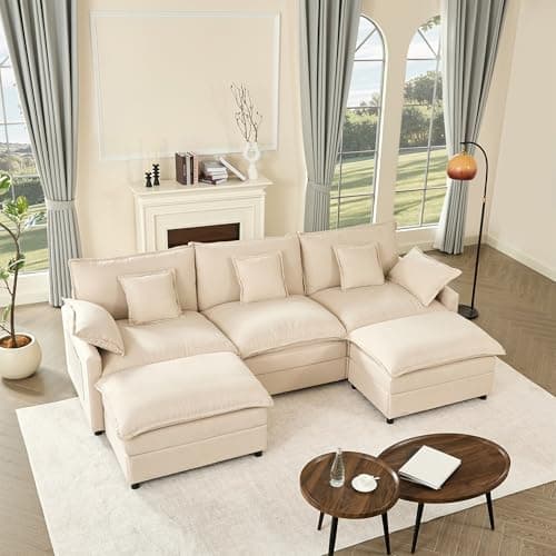 GOSUHI 108" U Shaped Couch, Modular Sectional Sofa, 3-Seater Comfy Cloud Couch, Set of Modular Pieces with Movable Ottoman, Deep Seat Couches for Living Room, Linen, Beige
