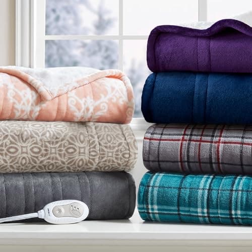 Degrees of Comfort Heated Sherpa Wrap Shawl, Cozy Winter Electric Blanket Throw, for Grandma Mom Women, Washable, Auto Shut-Off, Reversible 50 x 64 Inch, Blush Lattice 7