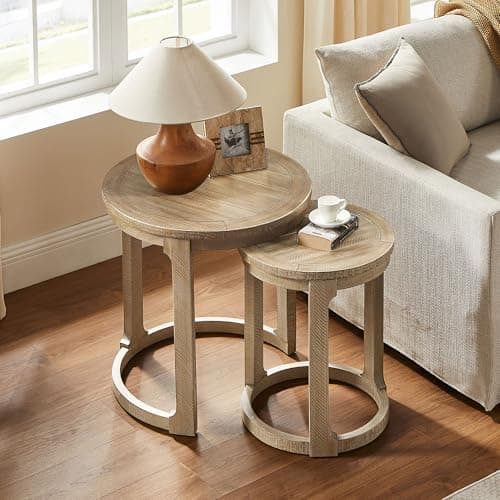 WILLIAMSPACE 24" Round Nesting Coffee Table Set of 2, Solid Wood Coffee Tables Mid Century Rustic Farmhouse Side End Tea Table for Living Room, Apartment (Light Brown)