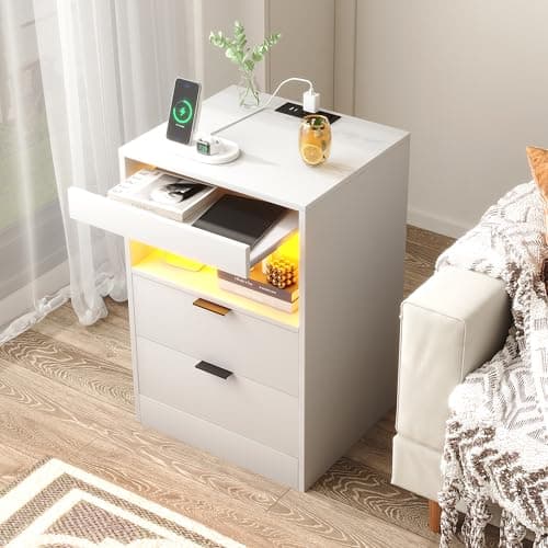 Yusong Night Stand, Bedside Table, LED Nightstand with Charging Station, Modern Night Stand, Wood Sofa Couch End Side Table with 2 Pull-Out Shelf, White 8