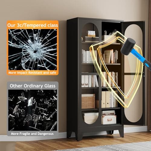 PAOFIN 71" H Locking Display Cabinet with Glass Door, Metal Curio Cabinets with 4 Adjustable Shelves, Tall Liquor Cabinet Display Case for Living Room, Collectibles, Home - Assembly Required Black 6