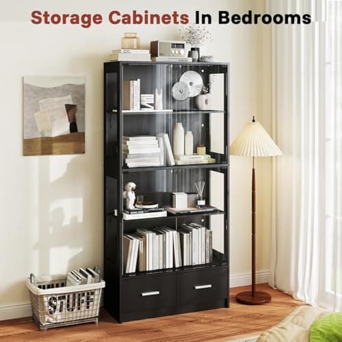 Lamtor Glass Display Cabinet with Doors - Curio Cabinet with Dynamic LED Lights for Collectibles, 67" Display Case with 4 Tier and Drawers for Figure, Toys, Books, Black 8