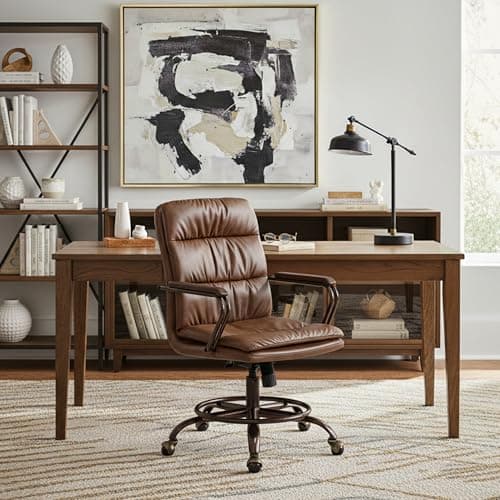 EUREKA ERGONOMIC Mid-Century Vintage Office Chair, Faux Leather Executive Desk Chair with Unique Ball Casters and Fixed Footrest Ring, Brown Retro Swivel Chair for Home Office and Study, Brown 9