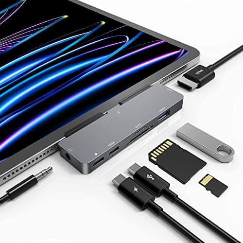 iPad Pro USB C Hub, 7-in-1 Adapter for iPad Pro M4 M2 M1 13 12.9 11 inch iPad Air 5 4 Docking Station with 4K HDMI, USB-C PD, SD/TF Card Reader, USB 3.0, 3.5mm Headphone Jack, iPad mini 6 Accessories