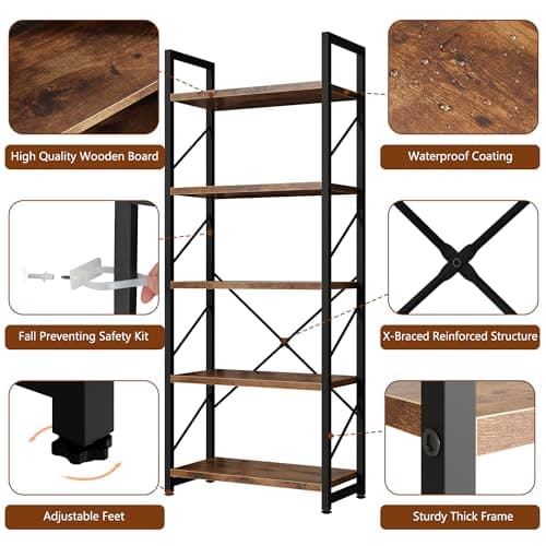 5 Tiers Bookshelf, Classically Tall Bookcase Shelf, Industrial Book Rack, Modern Book Holder in Bedroom/Living Room/Home/Office, Storage Rack Shelves for Book, Brown 5