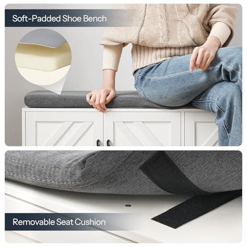 HOOBRO Shoe Storage Bench, Extra Long Mudroom Bench with Shoe Storage, Entryway Bench with Large Capacity, 2-Tier Shoes Rack with Padded Seat Cushion, 4 Barn Doors, Adjustable Shelves, WG120HX01 6