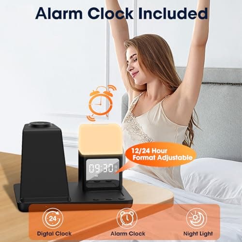 Wireless Charger for Samsung/Android,6 in 1 Alarm Clock Charging Station for Bedrooms with Bedside Clock Night Light for Samsung S25/S24/S23 Ultra/Buds,Watch Charger only for Galaxy Watch 8/7/6-Black 5