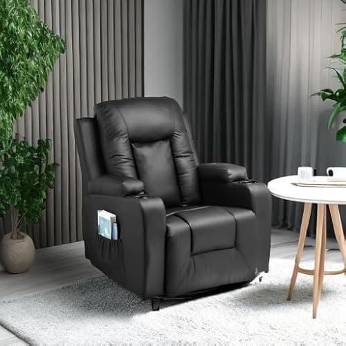 COMHOMA Leather Recliner Chair Rocker with Heated Massage Ergonomic Lounge 360 Degree Swivel Single Sofa Seat Drink Holders Living Room Chair Black 6