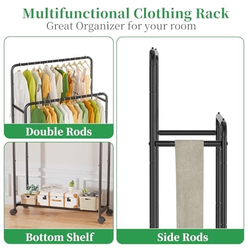 Simple Trending Clothing Clothes Rack Double Rods with Wheels, Rolling Metal Garment Rack for Hanging, Black 3