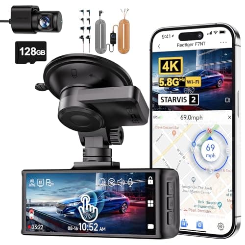 REDTIGER F7N Touch & Acc Hardwire Kit, 4K Dash Cam Front and Rear, STARVIS 2 Sensor, Touch Screen 3.18", 128GB Card Included, Voice Control, 5.8GHz WiFi Car Dash Camera, GPS, Night Vision