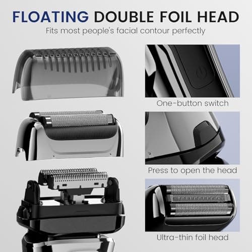 PRITECH Foil Shaver for Men, Electric Razor with Tight Foil Technology, Skin-Friendly Design, Easy Blade Replacement, Cordless Rechargeable with Pop-Up Trimmer, LED Display,Waterproof 5