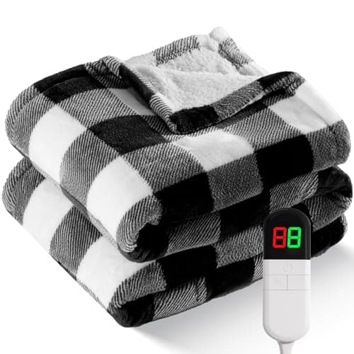 Electric Heated Sherpa Buffalo Plaid Christmas Throw Blanket with 8 Heating Levels & 8 Hours Auto Off, Fast Heating Warm Plush Washable Blanket with Over-Heat Protection, ETL Certification, Black