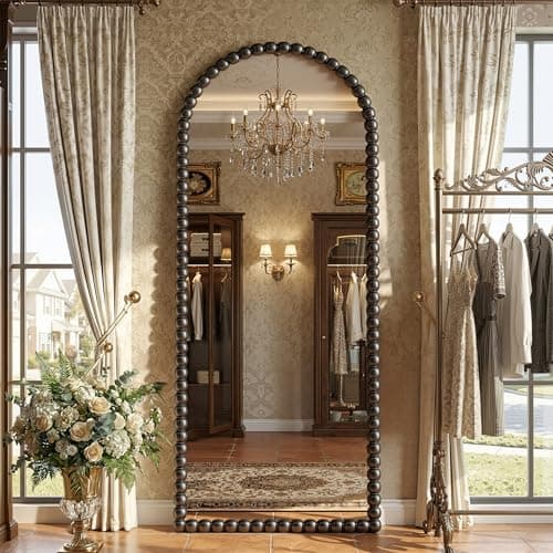 Antok Floor Mirror, 57"×21" Vintage Full Length Mirror Beaded Full Body Mirror with Stand, Hanging Mounted for Bedroom Living Room Cloakroom,Black,Luxury Style 5