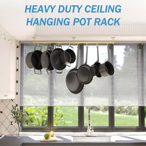 ROTHLEY Stainless Steel Pot and Pan Hanger - 39.4 Inch Wall Mounted Hanging Pots and Pans Rack for Kitchen Wall Rail with Hooks (Brass) 4