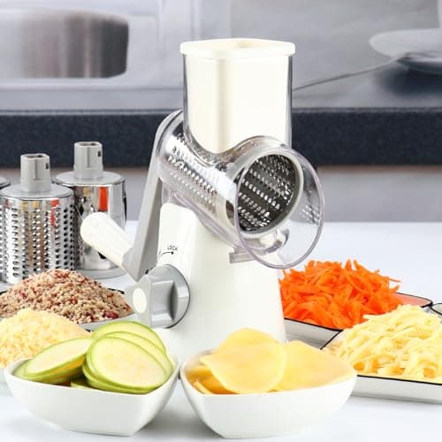 Cambom Rotary Cheese Grater Hand Crank Cheese Shredder for Fresh Cheese, Vegetable, Nuts,Non-slip Suction Base, Free Cleaning Brush Three Blades, White 8