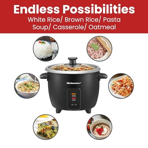 Elite Gourmet ERC003BX Electric Rice Cooker with Automatic Keep Warm Makes Soups, Stews, Grains, Hot Cereals, 6 Cups Cooked (3 Cups Uncooked), Black 7