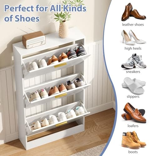 NOVAMAISON Fluted Shoe Cabinet Storage for Entryway, White Shoe Organizer with 2 Flip Drawers & Open Shelf, Freestanding Hidden Large Shoe Storage Cabinet (1pc-White, 3 Flip Drawers) 6
