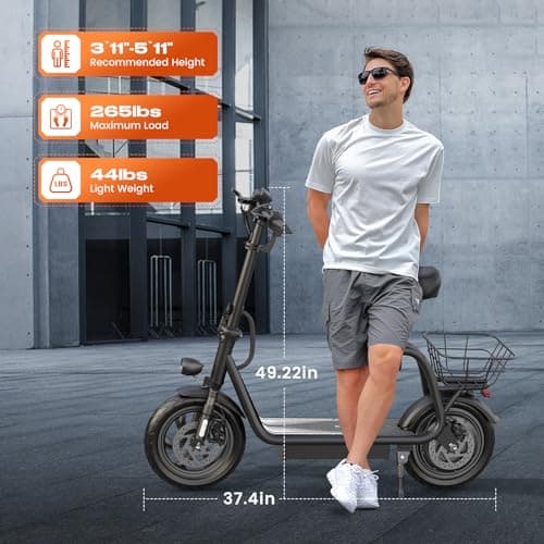 Caroma Peak 560W Electric Scooter with Seat,12 Miles Range,20Mph Max Speed,12" Tire Foldable Electric Scooter for Adult,265lb Max Load(Black) 6