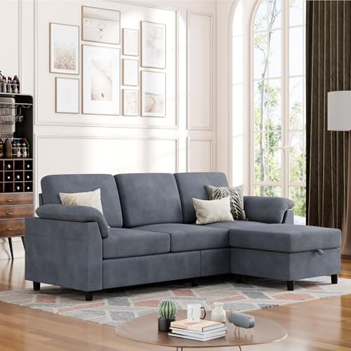 Vongrasig Convertible Sectional Sofa Couch, 3 Seat L Shaped Sofa with Removable Pillows Linen Fabric Small Couch Mid Century for Living Room, Apartment and Office DG