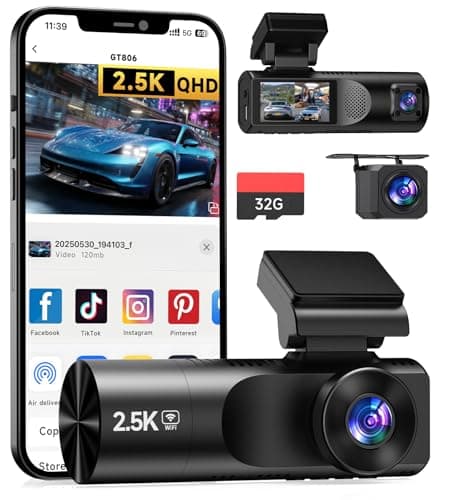 Dash Cam Front and Rear, 2.5K+1080P+1080P 3 Channel Dash Cam with 32GB Card, Wi-Fi Dash Camera for Cars, G-Sensor, Night Vision, 24H Parking, Loop Recording Dashcam, 1.97”IPS, Support 256GB