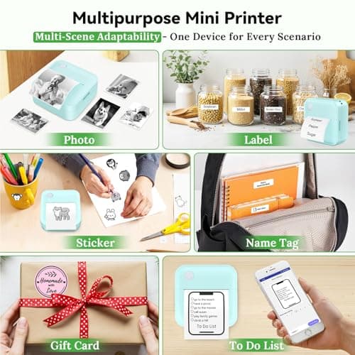 Miouca Label Maker Machine with Tape - Mini Sticker Printer Bluetooth Label Printer for Home Office Organization, Portable Thermal Sticker Maker Print Pod with Multiple Templates for Phone (Green) 5