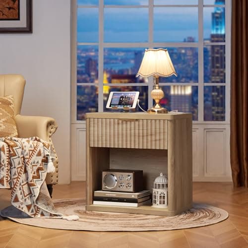 LEYAOYAO Fluted Nightstand with Charging Station, 23" Wide 1 Drawers End Table,Natural Night Stand with Open Storage Cabinet, Farmhouse Bed Side Tables, Wood Dresser for Bedroom, Living Room, Closet 8