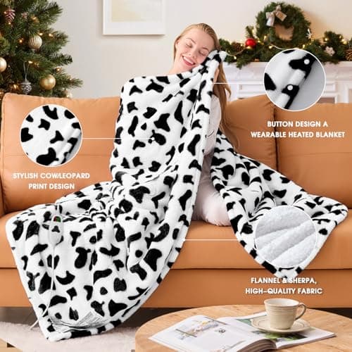 Black Heated Electric Blanket Throw,50X60 Cow Print Heating Blanket with 10 Heats Levels & 8 Hours Auto Off,Cute Cow Decor Stuff Soft Fleece Sherpa Blankets Warmer Gifts for Women Washable 8