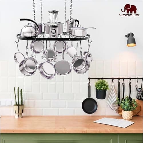 Vdomus Heavy-Duty Hanging Pot Rack - 33x17 Inches - Stylish Black Alloy Steel Ceiling Storage with 15 Hooks - Organize Kitchen Cookware and Utensils - Space-Saving Mounted Overhead Holder 7