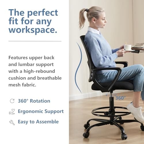 DUMOS Drafting Chair - Ergonomic Tall Office for Standing Desk, Counter with Height Adjustable and Comfortable Lumbar Support, Fixed Armrests, Black 5