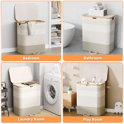 XLHOMO Double Laundry Hamper with Lid and Removable Bags, 150L Large Collapsible 2 Dividers Dirty Clothes Basket with Handles, Beige Double Laundry Basket Organizer for Bedroom,Laundry Room,College 7