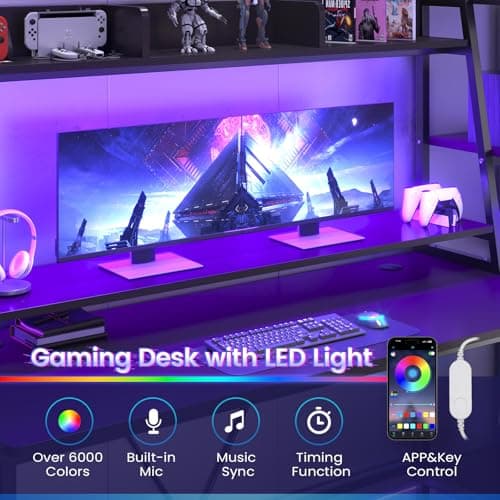 SEDETA Gaming Desk 78.8'' with LED Lights, Hutch and Storage Shelves, Computer Desk with Monitor Stand, Large PC Gamer Desk Workstation, Ergonomic Gaming Table for Bedroom, Living Room, Black 6