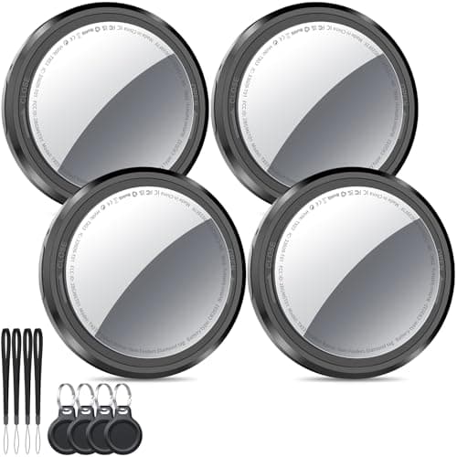 QCOQ Air Tracker Tags-4 Pack Black | Bluetooth Tracker Work with Apple Find My (iOS Only), Smart Tag with Protective Case/Keychain/Lanyard, Item Finder for Luggage/Key/Suitcase, Replaceable Battery