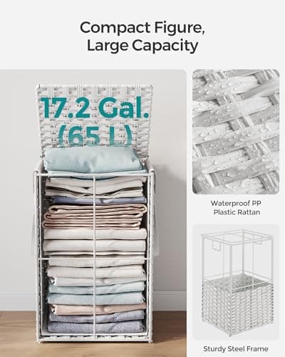 SONGMICS Laundry Hamper with Lid, 17.2 Gallon (65 L) Synthetic Rattan Clothes Laundry Basket with Lid and Handles, Foldable, Removable Liner, Cloud White ULCB165W01 5