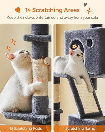 Feandrea Cat Tree, 81.1-Inch Large Cat Tower, Multi-Level Plush Condo with 13 Scratching Posts, 2 Perches, 2 Caves, Basket, Hammock, Pompoms, Smoky Gray UPCT190G01 6