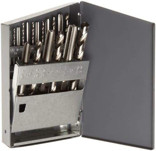 Chicago Latrobe HT18 High-Speed Steel Jobber Length Drill Bit and Hand Tap Set with Metal Case, Uncoated (Bright) Finish, Wire Size, Letter, Inch, 18-Piece, #6-32 to 1/2"-13 Tap Sizes