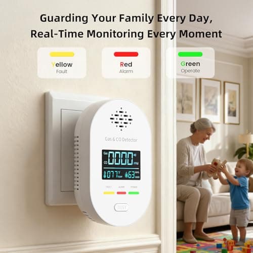 Carbon Monoxide Detectors,Plug in CO and Natural Gas Detector, Combination Gas & Carbon Monoxide Detectors for Travel with Temperature Humidity Display, 4 in 1 CO & Gas Detector for Home/Travel 5