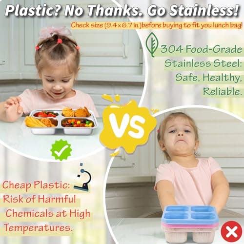 Stainless Steel Snack Containers with Lids - 3 Pack - Large 4-Compartments Bento Snack Boxes - Meal Prep Lunch Containers for Kids Adults - Divided Food Storage Container for School Home Travel 3
