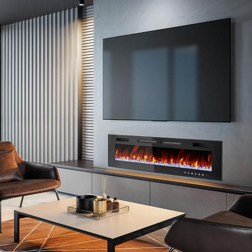 50” Electric Fireplace, Ultra-Thin Wall Mounted, Insert Heater, 750/1500W Recessed Fire Place with Adjustable Flame Color, Touch Screen and Remote Control 9