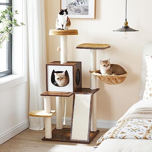 HOOBRO Cat Tree for Indoor Cats, 44 Inches Cat Tower Wooden, Modern Cat Condo with Cat Scratching Posts, Multi-Level Cat Play House with Cat Hammock, 2 Top Perches, Toy Balls, Rustic Brown FG55CT03 5