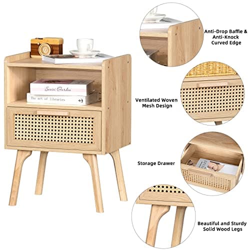 Lerliuo Rattan Nightstand, Boho Side Table with Drawer Open Shelf, Cane Accent Bedside End Table with Solid Wood Legs for Bedroom, Dorm and Small Spaces (Natural) 6