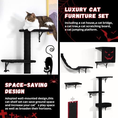 COZIWOW Wall-Mounted Cat Tree | Space-Saving Feline Furniture with Multiple Levels | Durable Scratch Post for Indoor Cats, Black&Red 5