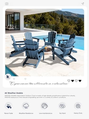 KINGYES Folding Adirondack Chair, HDPE All-Weather Patio Chairs with Cup Holder, Wooden Textured Fire Pit Chairs for Poolside, Backyard, Deck, Navy 9
