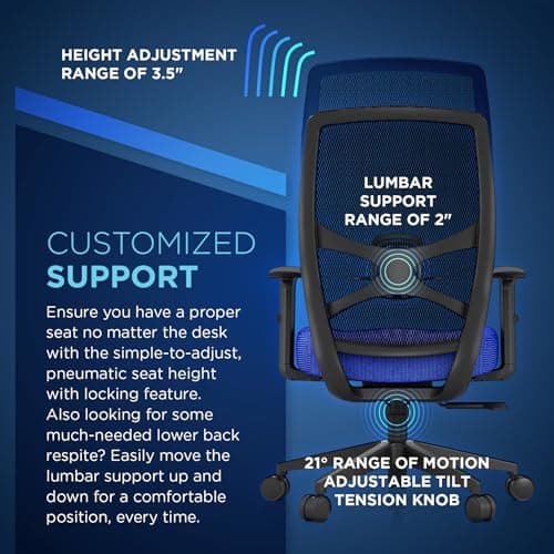 Tempur-Pedic ProTask Executive Task Office Chair with Cooling Gel Layer and Built-in Lumbar Support, Height-Adjustable Ergonomic Mesh Office Desk Chair, Blue 8