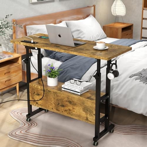 Hadulcet Small Standing Desk with Charging Station, Rolling Desk Adjustable Height, Mobile Laptop with Wheels, Portable Stand Up for Treadmill Walking Pad, 31.5 x 15.7 in, Rustic Brown 9