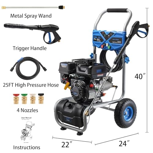 3500PSI Gas Pressure Washer, 209CC 4-Stroke Engine, Heavy Duty 2.3GPM Power Washer with 4 Quick-Connect Nozzles, 25FT Hose & Soap Tank, Water Pressure Washers for Driveways Decks Cars (Black) 7