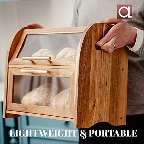 Arise Stylish Acacia Bread Box for Kitchen Countertop, Extra Large 2-Shelf Wooden Bread Storage Container with Clear Windows and Air Vents Keep Bread, Bagels and Rolls Fresh, Self Assembly 8