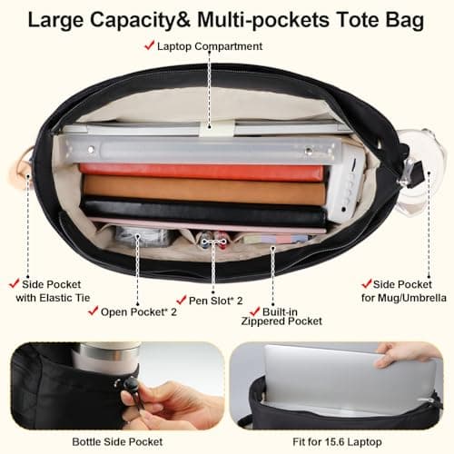 Veirdro Work Laptop Tote Bag for Women with Insulated Lunch Compartment, Lightweight Puffy Lunch Tote Bag with 15.6 Inch Laptop Compartment, Quilted Laptop Bags for Office Commuter Teacher Nurse Black 4