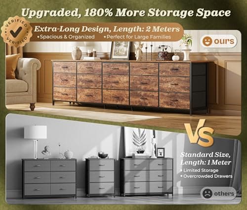 Huuger 78.7 inch Long Dresser for Bedroom, 15 Drawer Fabric Dresser for Closet, Large TV Stand for 65, 75, 85 inch TV, Wide Chest of Drawer with Storage, 78.7" W x 12.9" D x 26.7" H, Rustic Brown 5